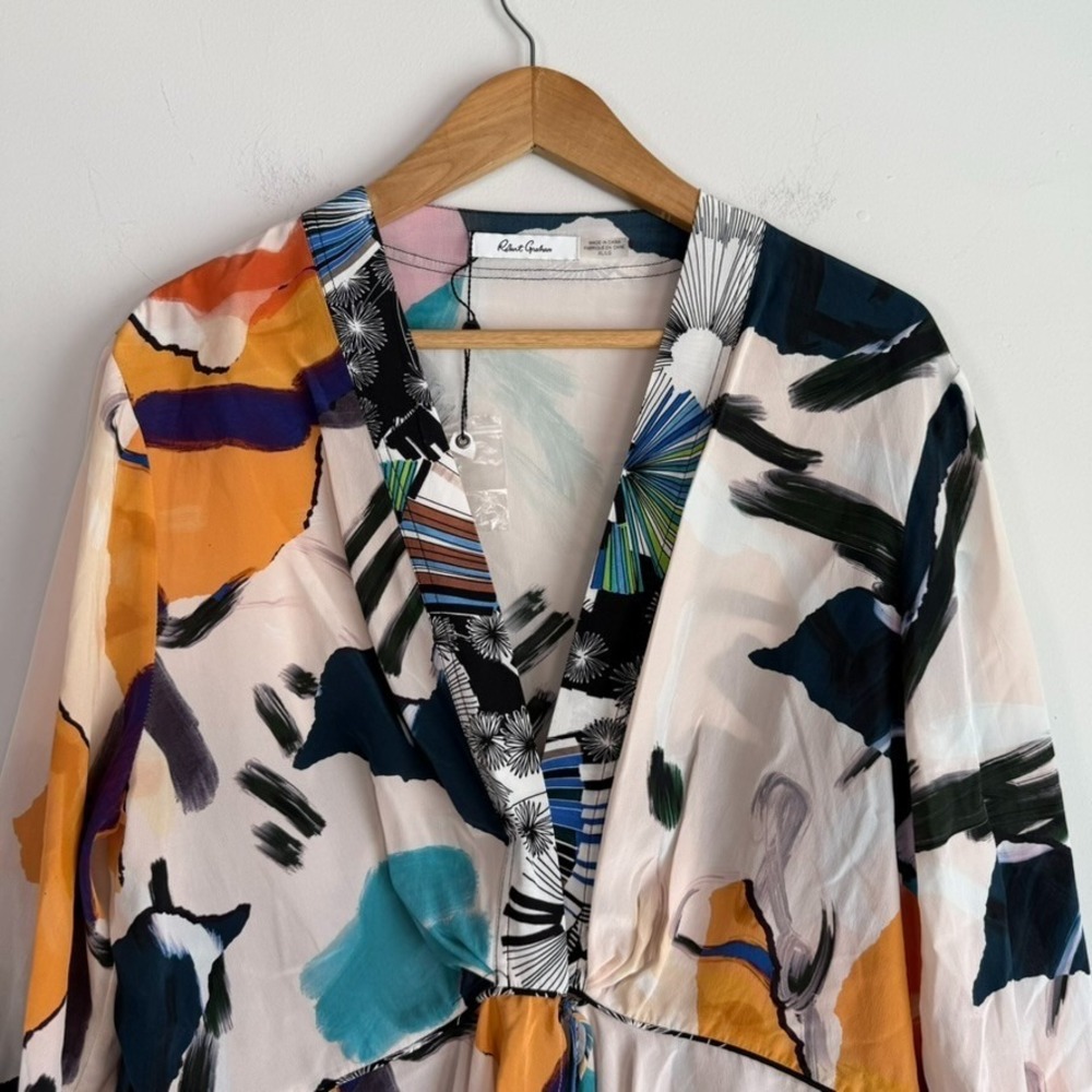 Robert Graham Silk Abstract Print Blouse Top XL Artsy Boho Art to Wear Boho - Picture 2 of 15
